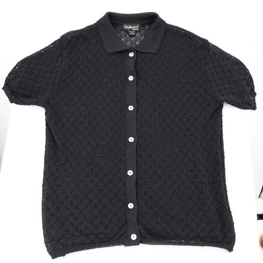 Style & Co Black Open Knit Short Sleeve Button Up Collered Shirt Size XLarge